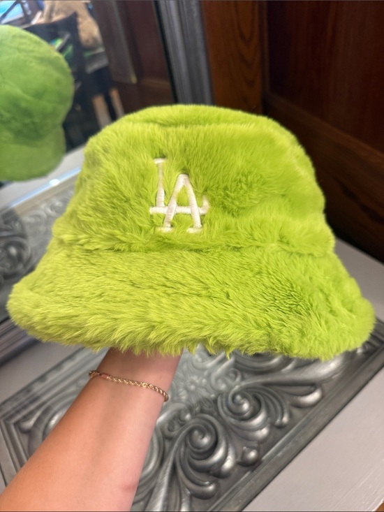 Accessories - LA Embroidered Faux Fur Lime Green Bucket Hat Fuzzy
